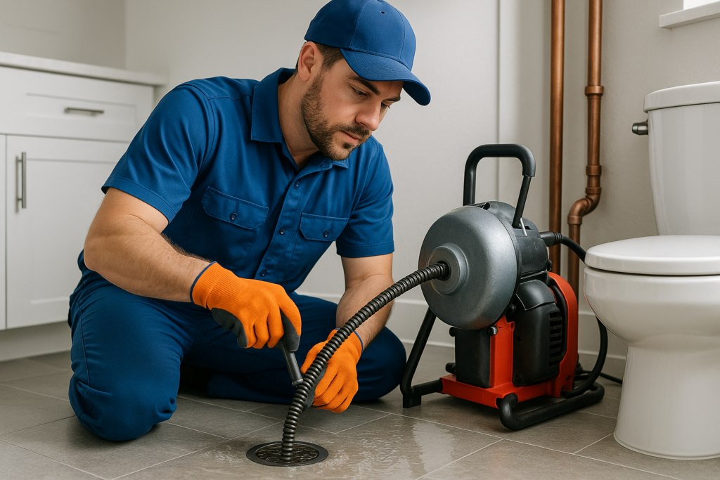 Plumber using drain cleaning equipment on a clogged drain