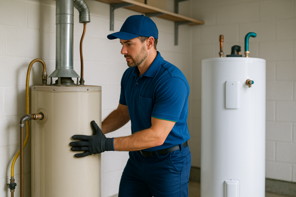 Plumber replacing an old gas water heater with a new electric water heater