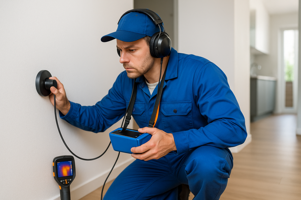 Plumber using electronic leak detection equipment on a wall