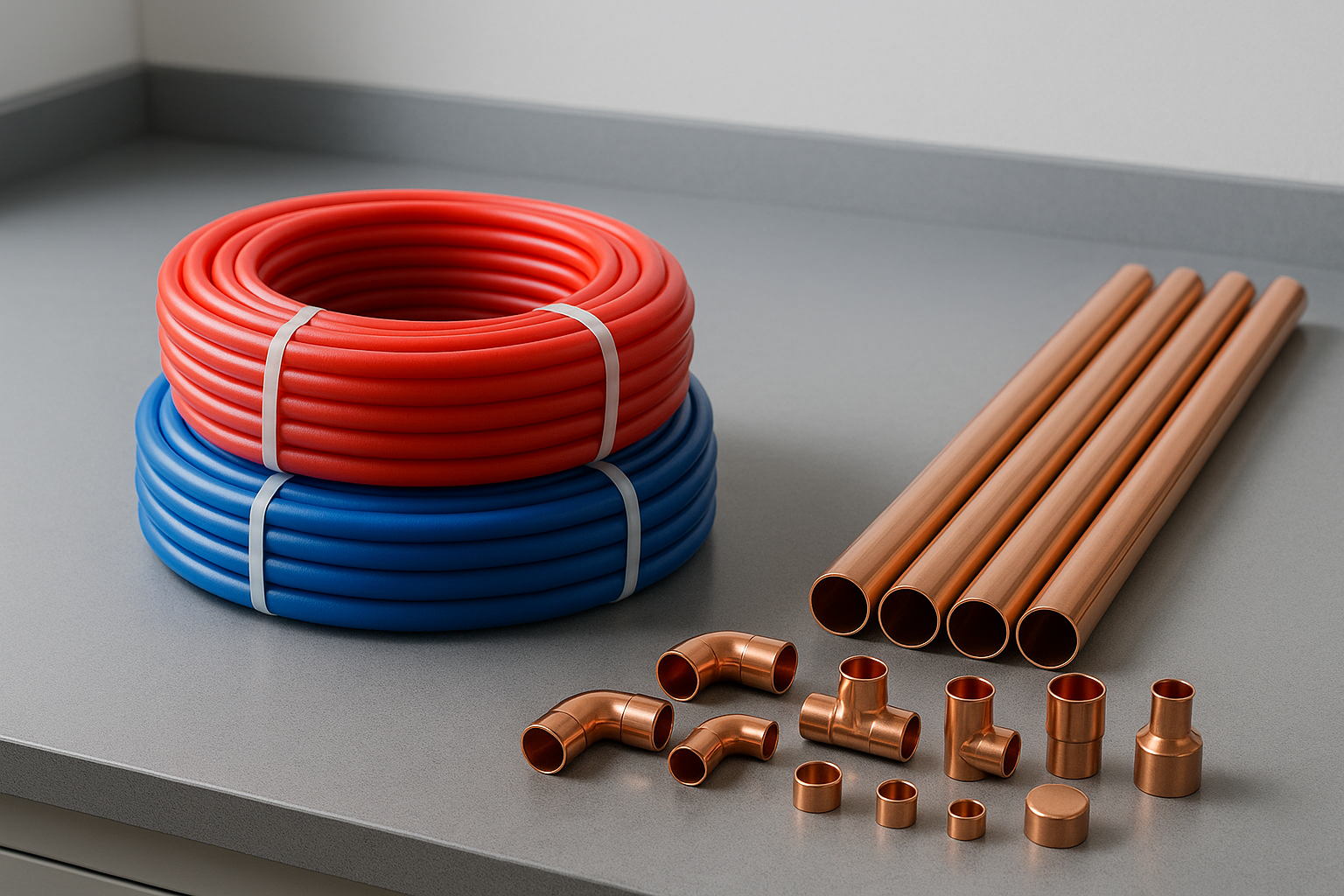 PEX tubing next to copper pipes