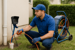 Plumber performing a sewer camera inspection at a cleanout