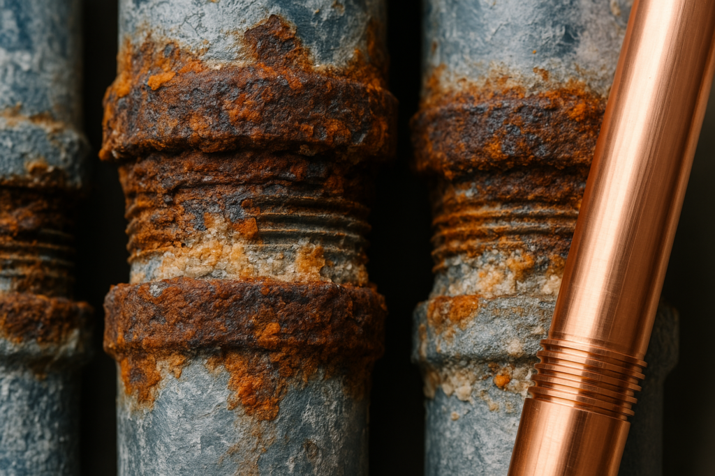 Close-up of old corroded rusty galvanized water pipes next to a clean new copper pipe