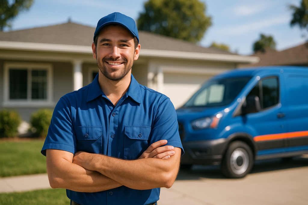 Professional uniformed plumber standing in front of a San Jose residential home