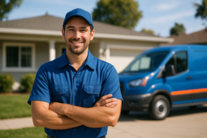 Professional uniformed plumber standing in front of a San Jose residential home