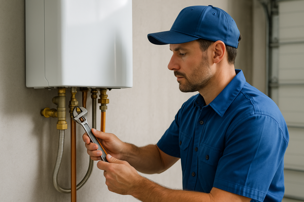 Plumber installing a modern water heater in a San Jose home