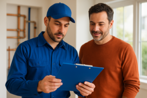 Plumber reviewing a repipe estimate on a clipboard with a homeowner in a bright home