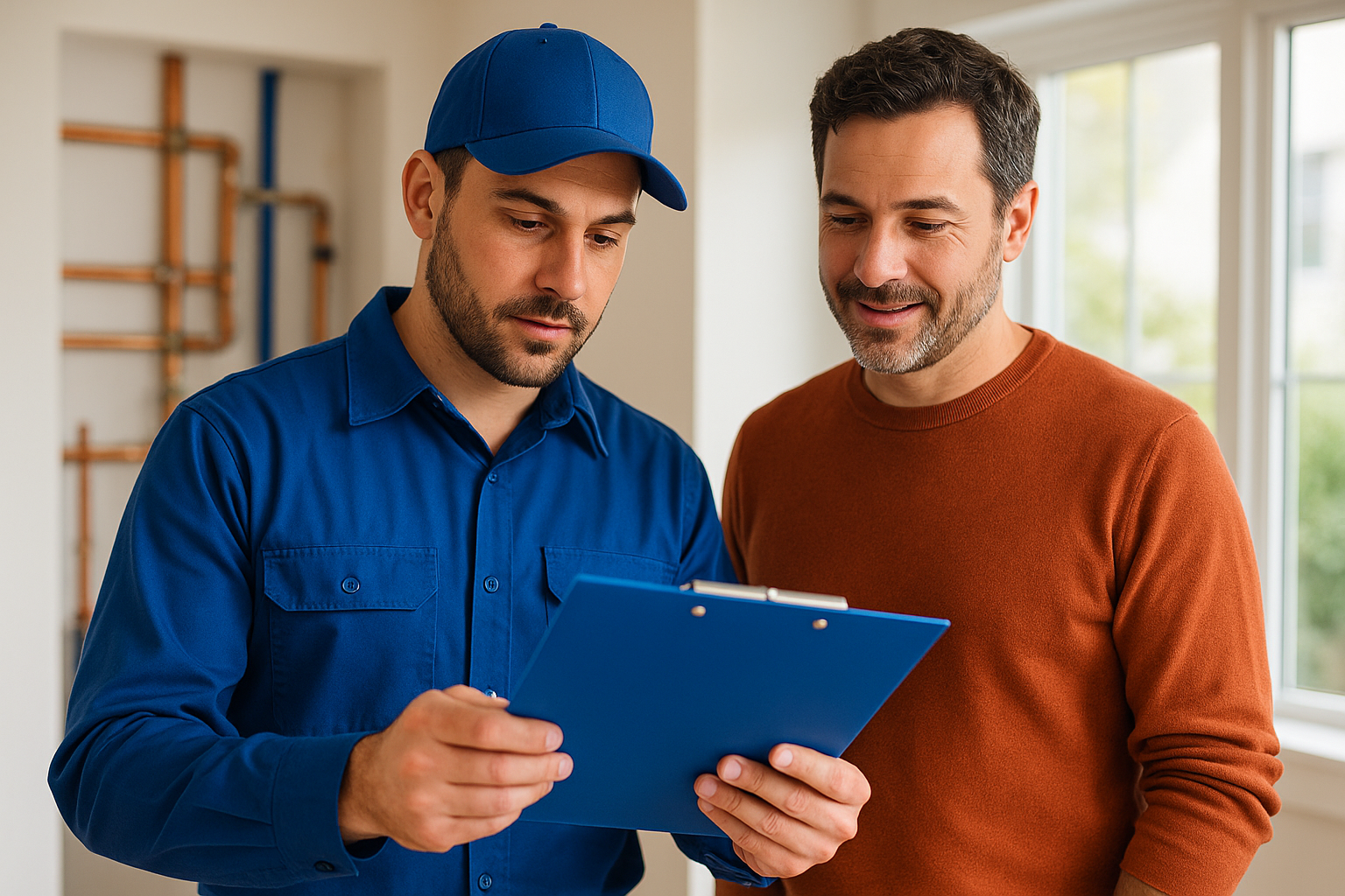 Plumber reviewing a repipe estimate with a homeowner