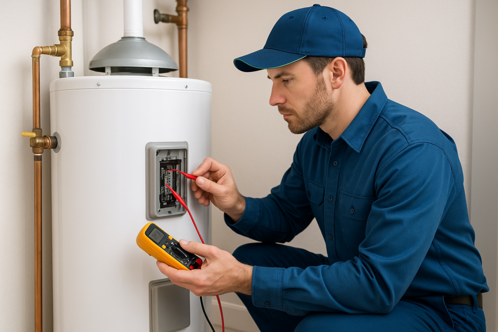 Plumber diagnosing a water heater problem with tools